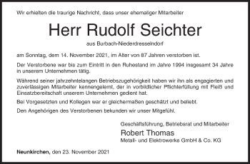 Traueranzeige von Rudolf Seichter von Siegener Zeitung