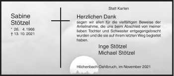 Traueranzeige von Sabine Stötzel von Siegener Zeitung
