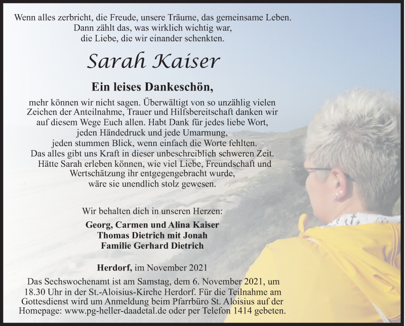  Traueranzeige für Sarah Kaiser vom 02.11.2021 aus Siegener Zeitung
