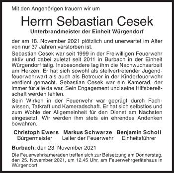 Traueranzeige von Sebastian Cesek von Siegener Zeitung