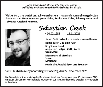 Traueranzeige von Sebastian Cesek von Siegener Zeitung