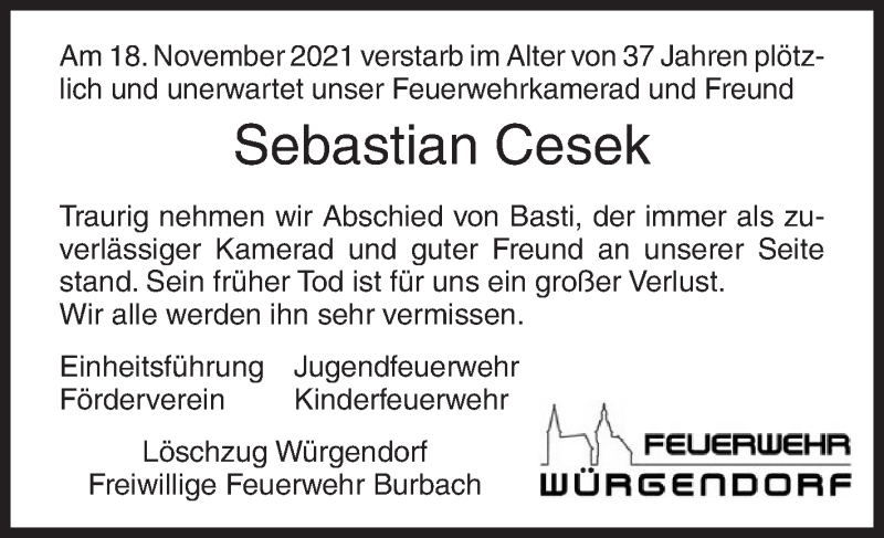  Traueranzeige für Sebastian Cesek vom 23.11.2021 aus Siegener Zeitung