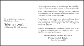 Traueranzeige von Sebastian Cesek von Siegener Zeitung