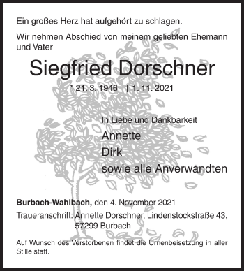 Traueranzeige von Siegfried Dorschner von Siegener Zeitung