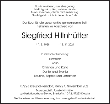 Traueranzeige von Siegfried Hillnhütter von Siegener Zeitung
