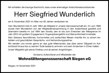 Traueranzeige von Siegfried Wunderlich von Siegener Zeitung