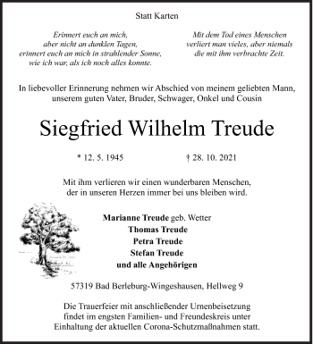 Traueranzeige von Siegfried Wilhelm Treude von Siegener Zeitung