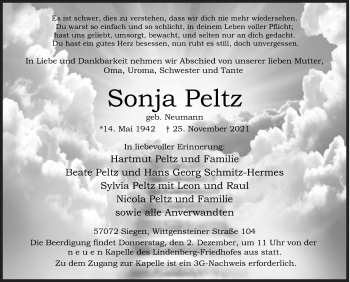 Traueranzeige von Sonja Peltz von Siegener Zeitung