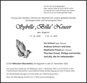 Traueranzeige von Sybille Neuser von Siegener Zeitung