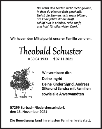 Traueranzeige von Theobald Schuster von Siegener Zeitung