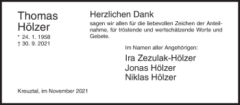 Traueranzeige von Thomas Hölzer von Siegener Zeitung