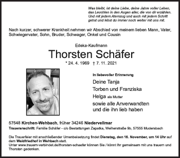 Traueranzeige von Thorsten Schäfer von Siegener Zeitung