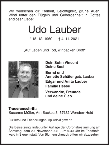 Traueranzeige von Udo Lauber von Siegener Zeitung