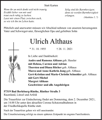 Traueranzeige von Ulrich Althaus von Siegener Zeitung