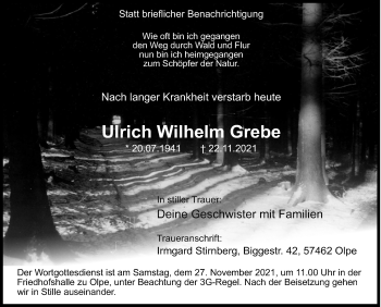Traueranzeige von Ulrich Wilhelm Grebe von Siegener Zeitung