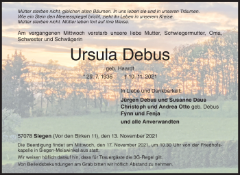 Traueranzeige von Ursula Debus von Siegener Zeitung