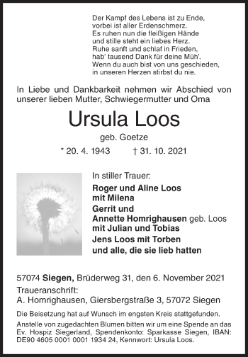 Traueranzeige von Ursula Loos von Siegener Zeitung