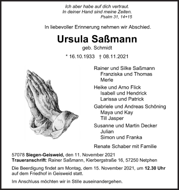 Traueranzeige von Ursula Saßmann von Siegener Zeitung