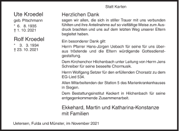 Traueranzeige von Ute und Rolf Kroedel von Siegener Zeitung