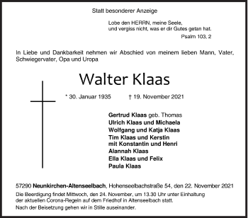 Traueranzeige von Walter Klaas von Siegener Zeitung