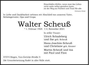 Traueranzeige von Walter Scheuß von Siegener Zeitung