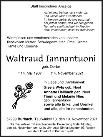 Traueranzeige von Waltraud Iannantuoni von Siegener Zeitung