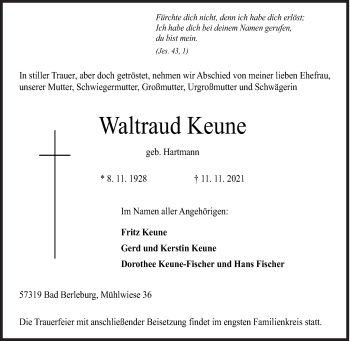 Traueranzeige von Waltraud Keune von Siegener Zeitung