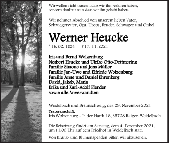 Traueranzeige von Werner Heucke von Siegener Zeitung