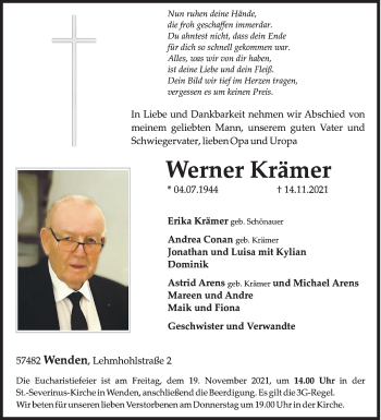 Traueranzeige von Werner Krämer von Siegener Zeitung