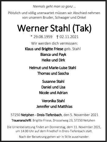 Traueranzeige von Werner Stahl von Siegener Zeitung