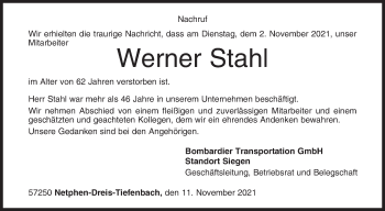 Traueranzeige von Werner Stahl von Siegener Zeitung