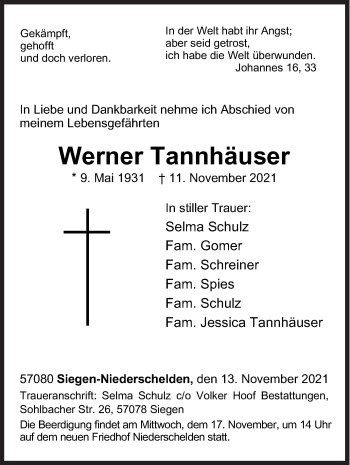 Traueranzeige von Werner Tannhäuser von Siegener Zeitung