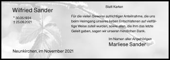 Traueranzeige von Wilfried Sander von Siegener Zeitung