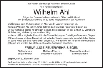 Traueranzeige von Wilhelm Ahl von Siegener Zeitung