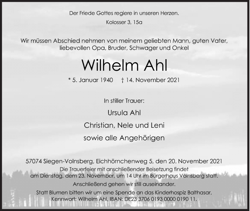  Traueranzeige für Wilhelm Ahl vom 20.11.2021 aus Siegener Zeitung
