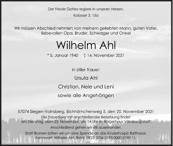Traueranzeige von Wilhelm Ahl von Siegener Zeitung