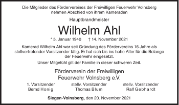 Traueranzeige von Wilhelm Ahl von Siegener Zeitung