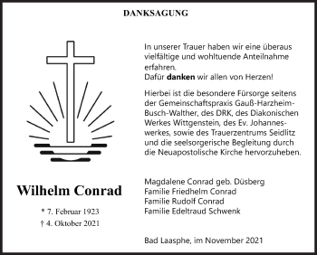 Traueranzeige von Wilhelm Conrad von Siegener Zeitung