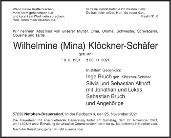 Traueranzeige von Wilhelmine Klöckner-Schäfer von Siegener Zeitung