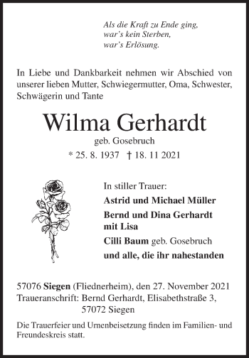 Traueranzeige von Wilma Gerhardt von Siegener Zeitung