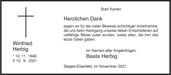 Traueranzeige von Winfried Herbig von Siegener Zeitung