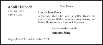 Traueranzeige von Adolf Haibach von Siegener Zeitung