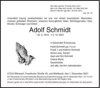 Traueranzeige von Adolf Schmidt von Siegener Zeitung