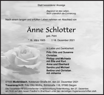 Traueranzeige von Änne Schlotter von Siegener Zeitung