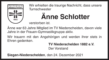 Traueranzeige von Änne Schlotter von Siegener Zeitung