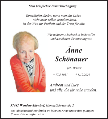 Traueranzeige von Änne Schönauer von Siegener Zeitung