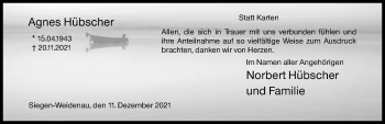 Traueranzeige von Agnes Hübscher von Siegener Zeitung