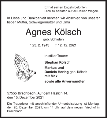 Traueranzeige von Agnes Kölsch von Siegener Zeitung
