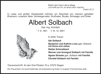 Traueranzeige von Albert Solbach von Siegener Zeitung