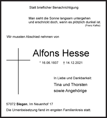 Traueranzeige von Alfons Hesse von Siegener Zeitung